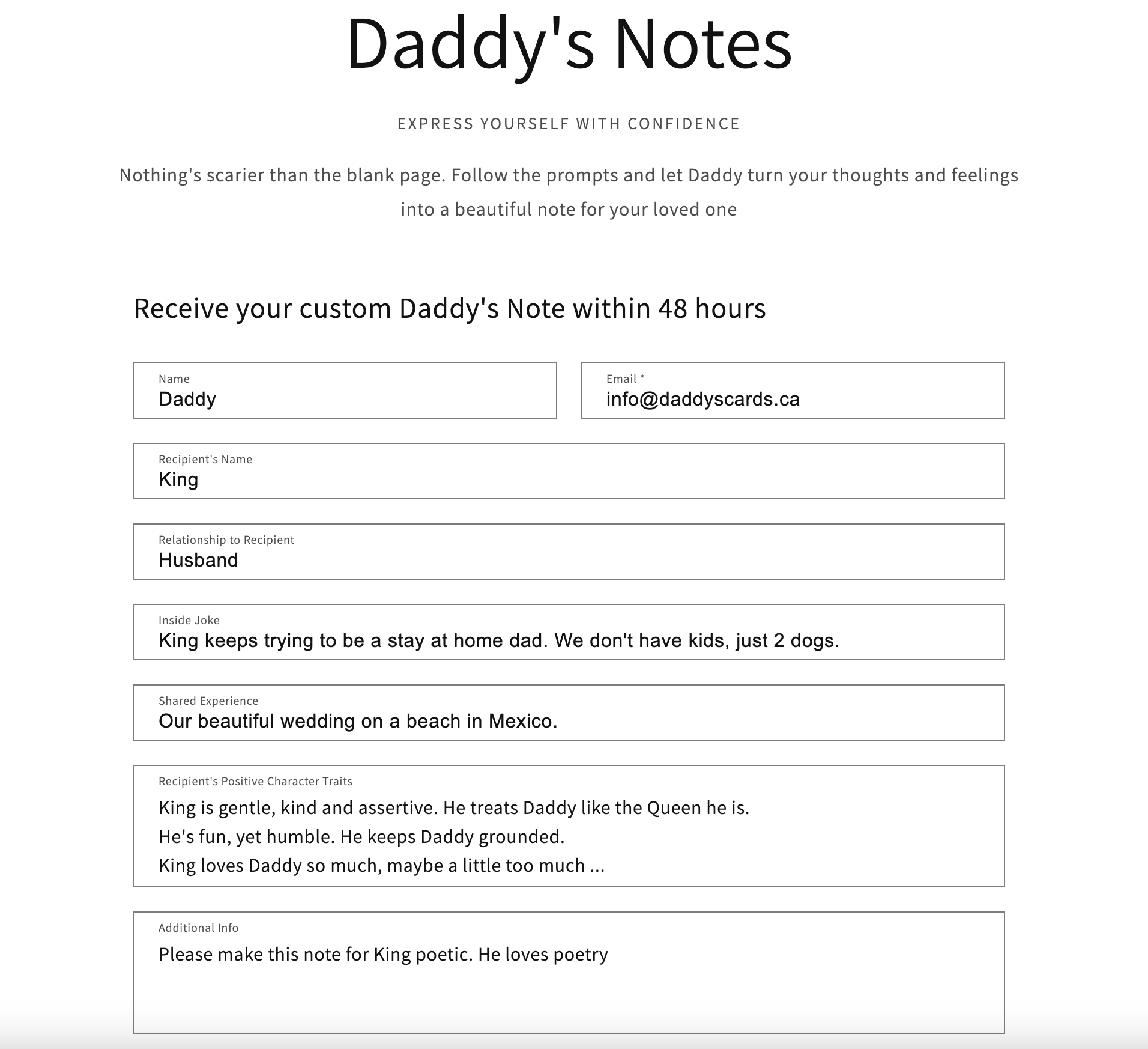 An example of how to fill in the prompts for Daddy's Notes. Daddy wants a note for his husband King